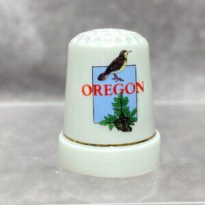 Porcelain Oregon Souvenir Thimble With Western Meadowlark Bird & Fern Design